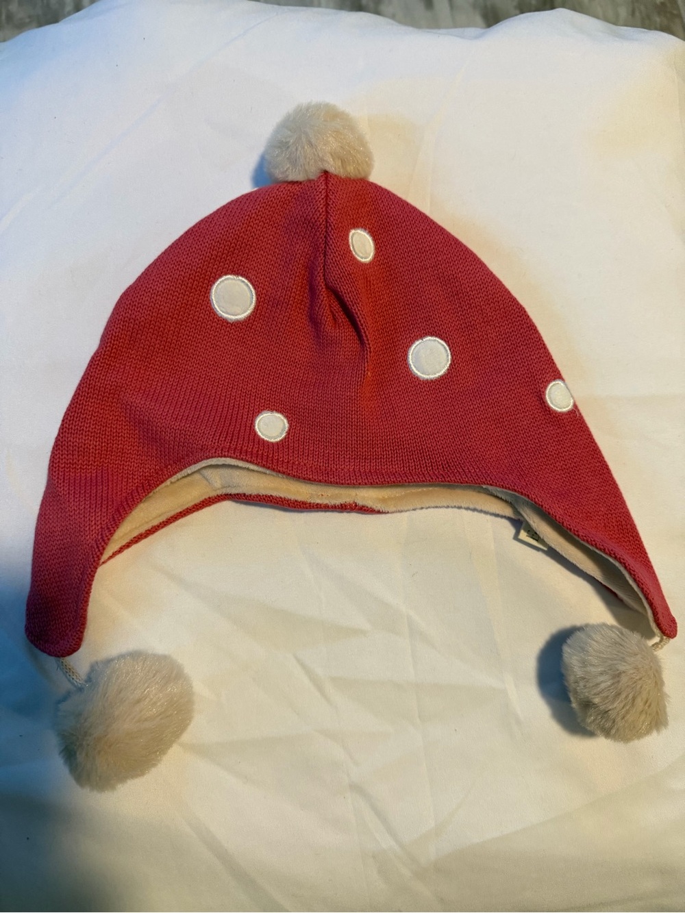 Kids Red Earflap Beanie with Cream Pom Poms